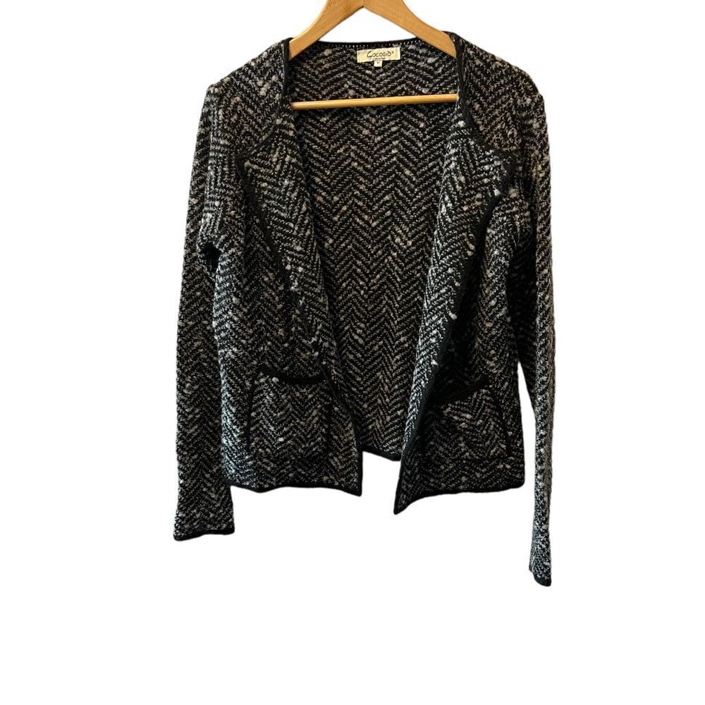 Black & White Herringbone Open Mid Weight Wool Blend Open Cardigan M